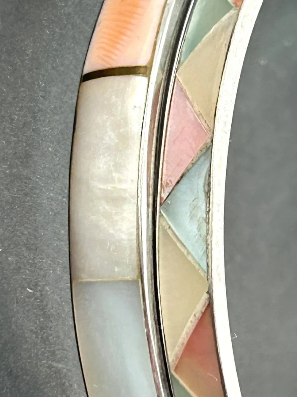 Vintage Bangle Bracelet Pair Mother of Pearl Shell Inlay Pastel Mosaic Boho